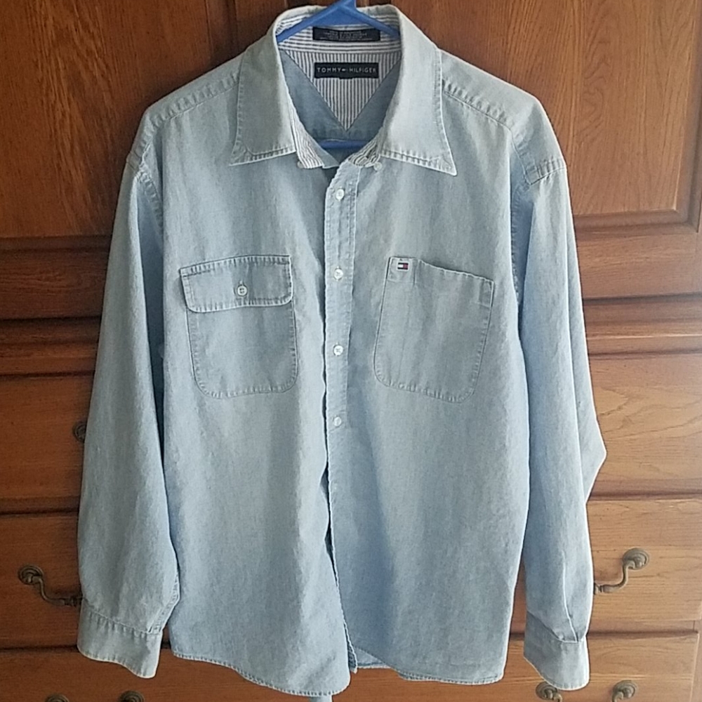 Tommy Hilfiger Light Wash Button Down Shirt, Size Large